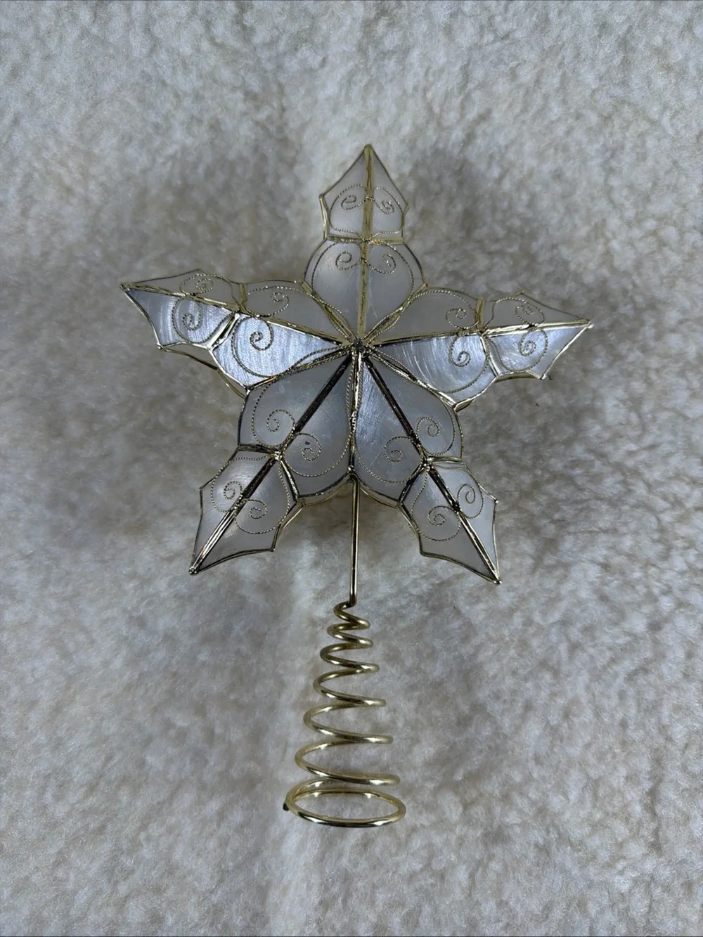 Vintage Holiday Time White and Gold Capiz Star Tree Topper